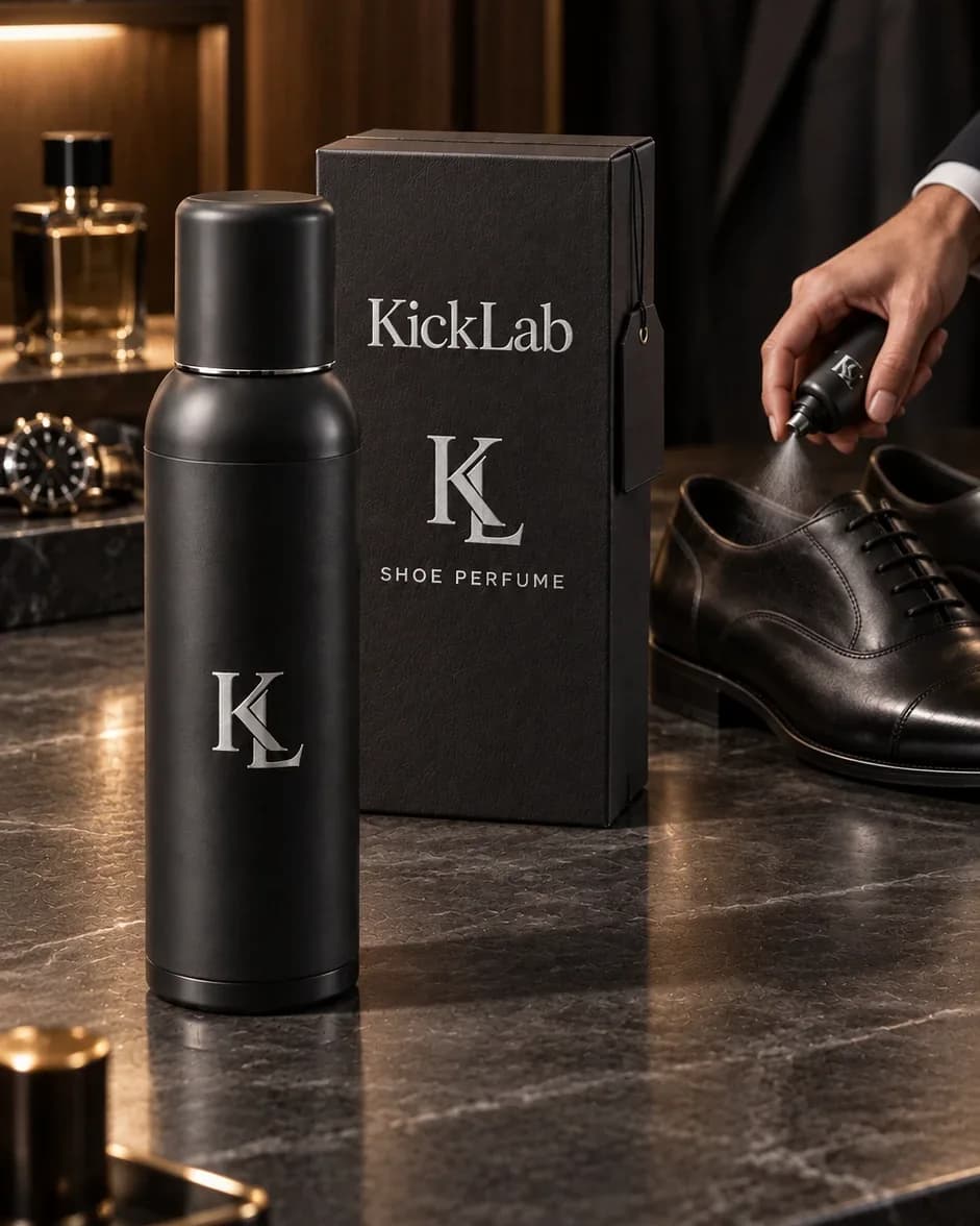 KICKLAB Mint: בקבוק שחור־מט עם פקק שחור, לצד האריזה ונעלי עור שחורות