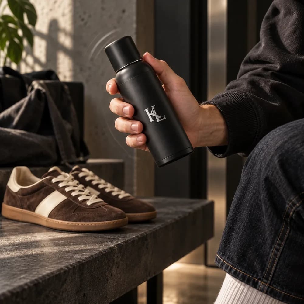 גבר מנער בקבוק KICKLAB Mint לצד סניקרס זמש