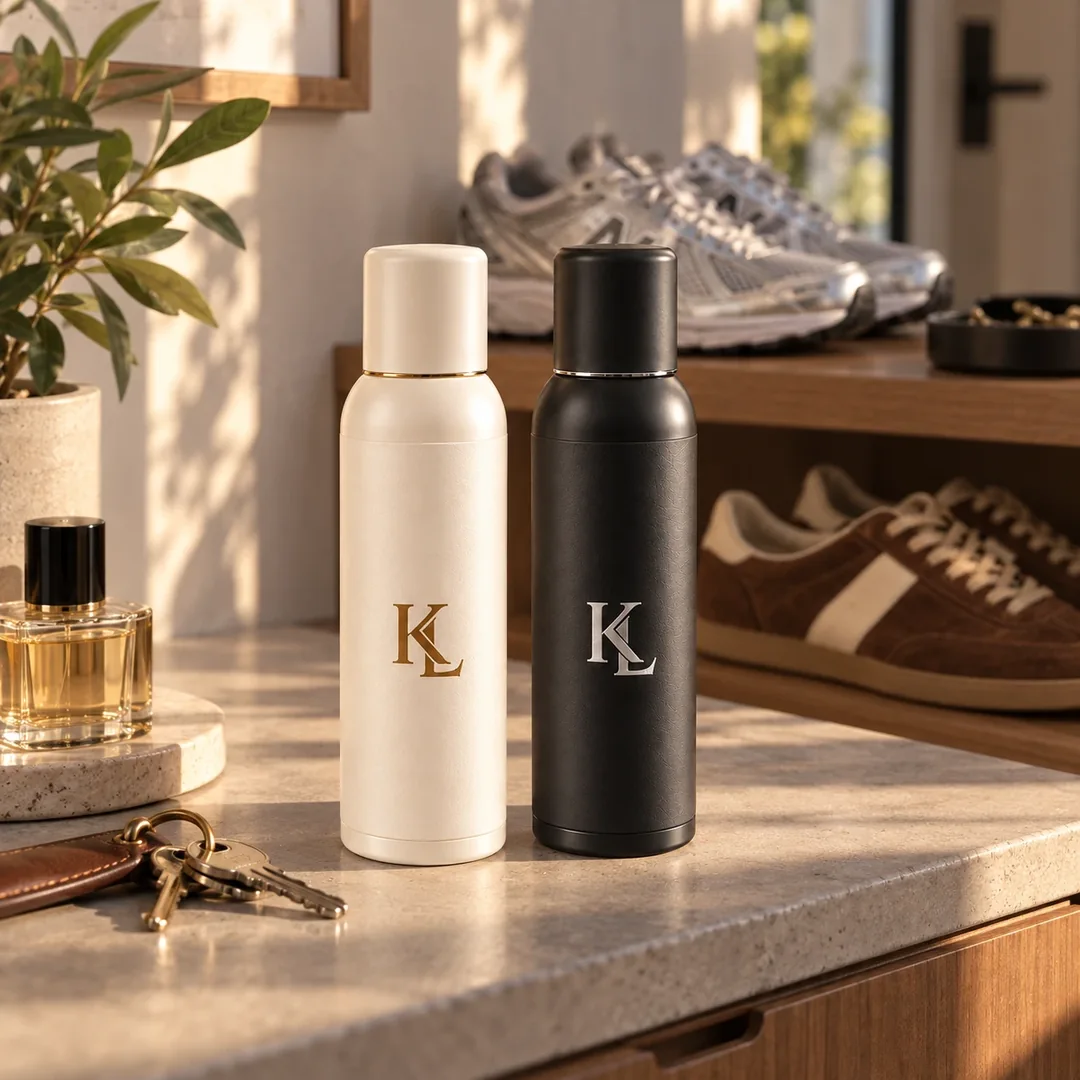 שני בקבוקי KICKLAB על שיש הכניסה, לצד מפתחות וסניקרס