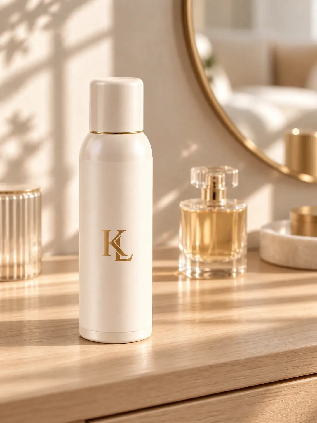 בקבוק KICKLAB White Magnolia על שידת עץ, לצד בקבוק בושם ומראה
